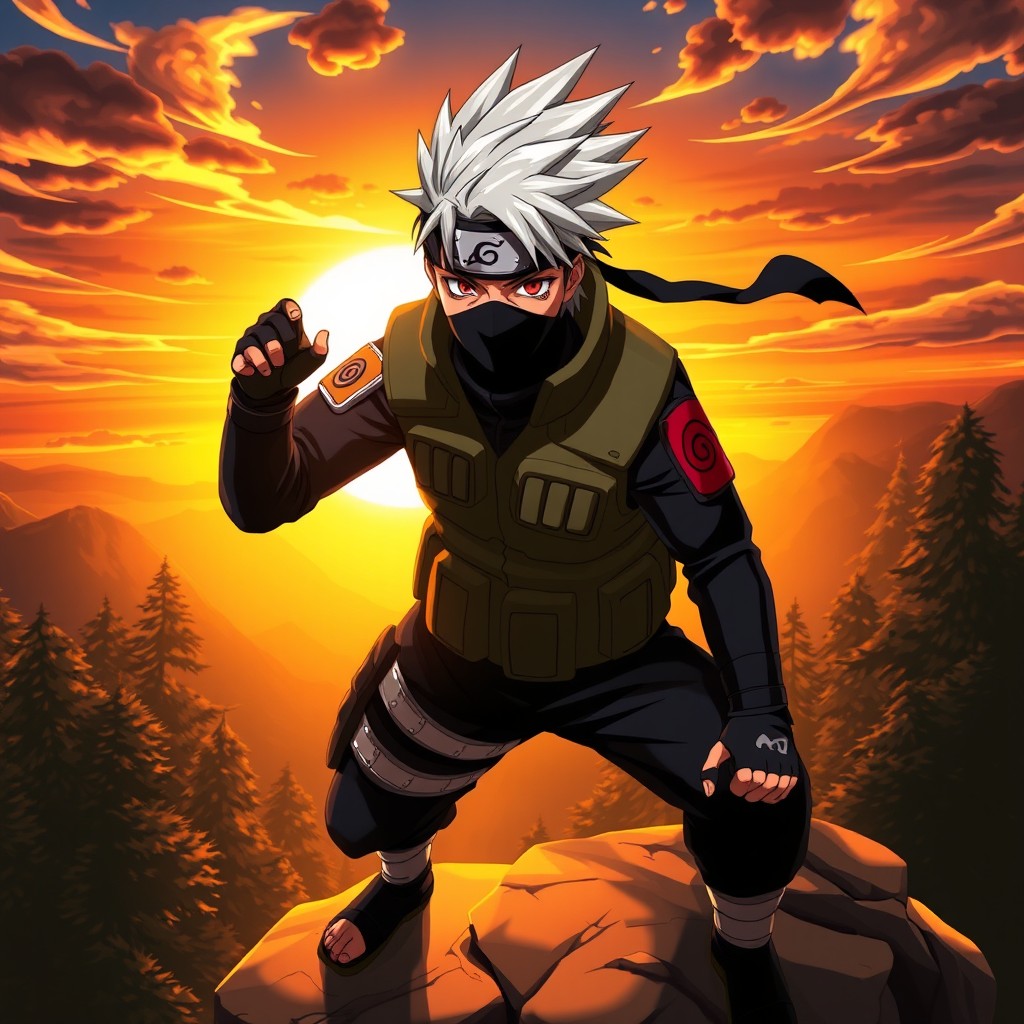 A dynamic and intense scene featuring Kakashi Hatake from Naruto, showcasing his signature silver hair, mask, and headband