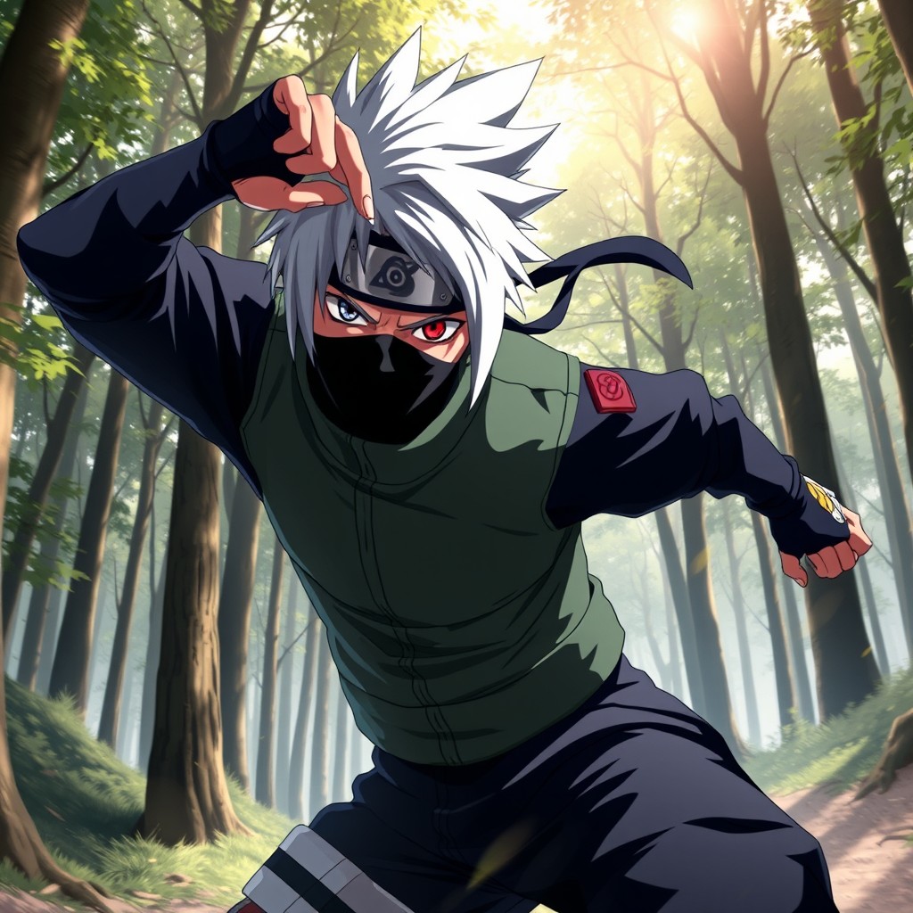A dynamic action scene featuring Kakashi Hatake from Naruto, showcasing his iconic silver hair, dark mask covering the lower half of his face, and the traditional Konoha ninja attire