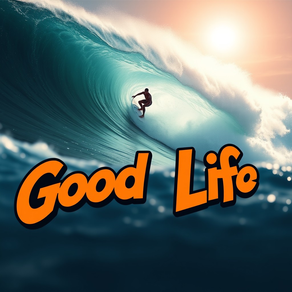 A dynamic scene featuring a surfer in mid-action riding a massive wave, showcasing the thrill of surfing