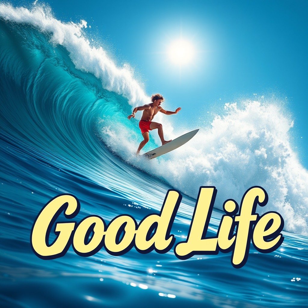 A dynamic and vibrant scene depicting a surfer skillfully riding massive waves
