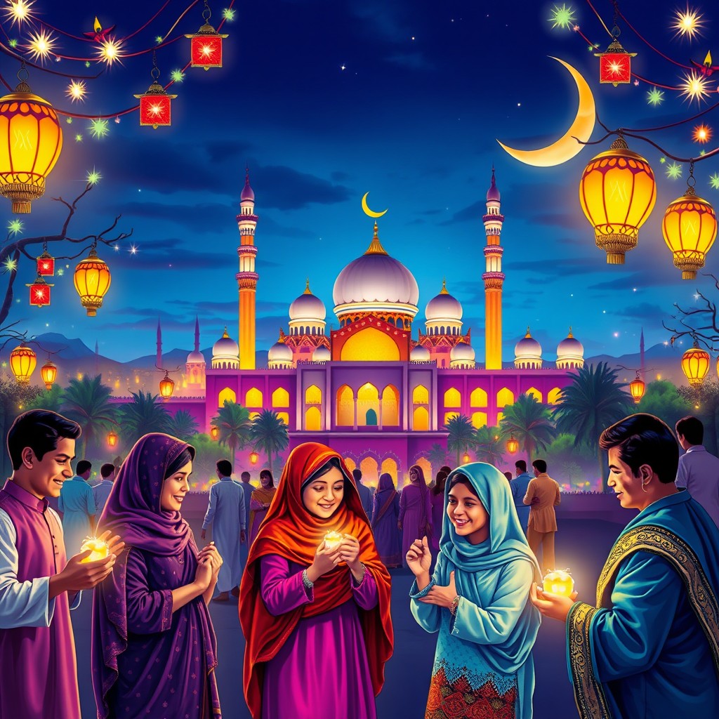 A colorful and vibrant depiction of an Eid Mubarak celebration, featuring an evening scene filled with beautifully decorated lights