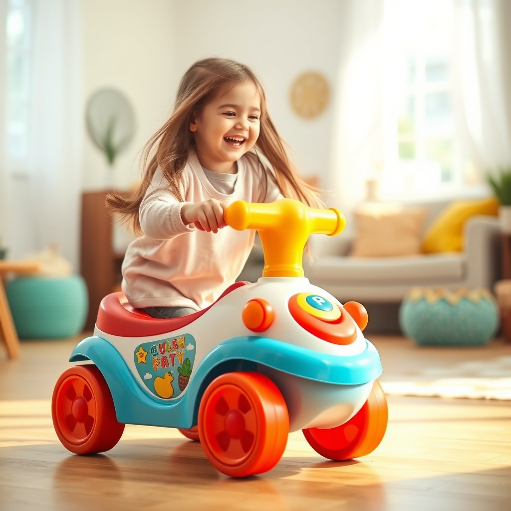 A playful scene featuring a girl joyfully engaging with a colorful and vibrant push toy