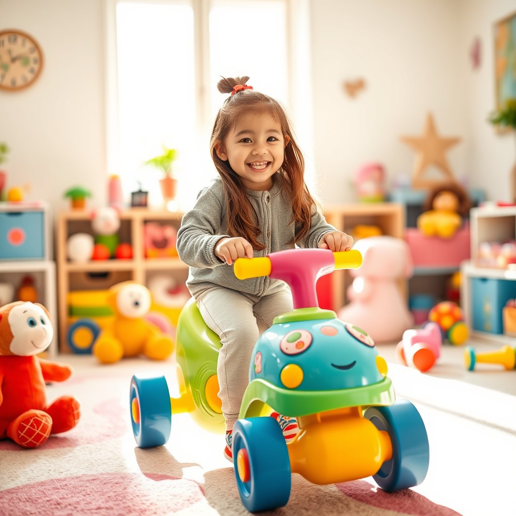 A playful scene featuring a girl engaged in a light-hearted moment, enjoying a colorful push toy in a bright, cheerful room filled with toys