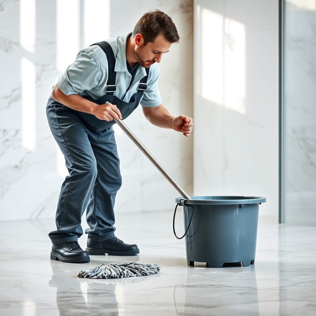 A hardworking male worker cleaning a marble floor with a mop and bucket, showcasing the effort and dedication towards keeping the surface shiny and spotless