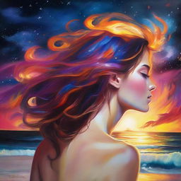 Craft a captivating drawing of a side-profile woman with hair as bright as flames, situated on a beach at sunset, with the spectacle of colliding galaxies painting the sky.