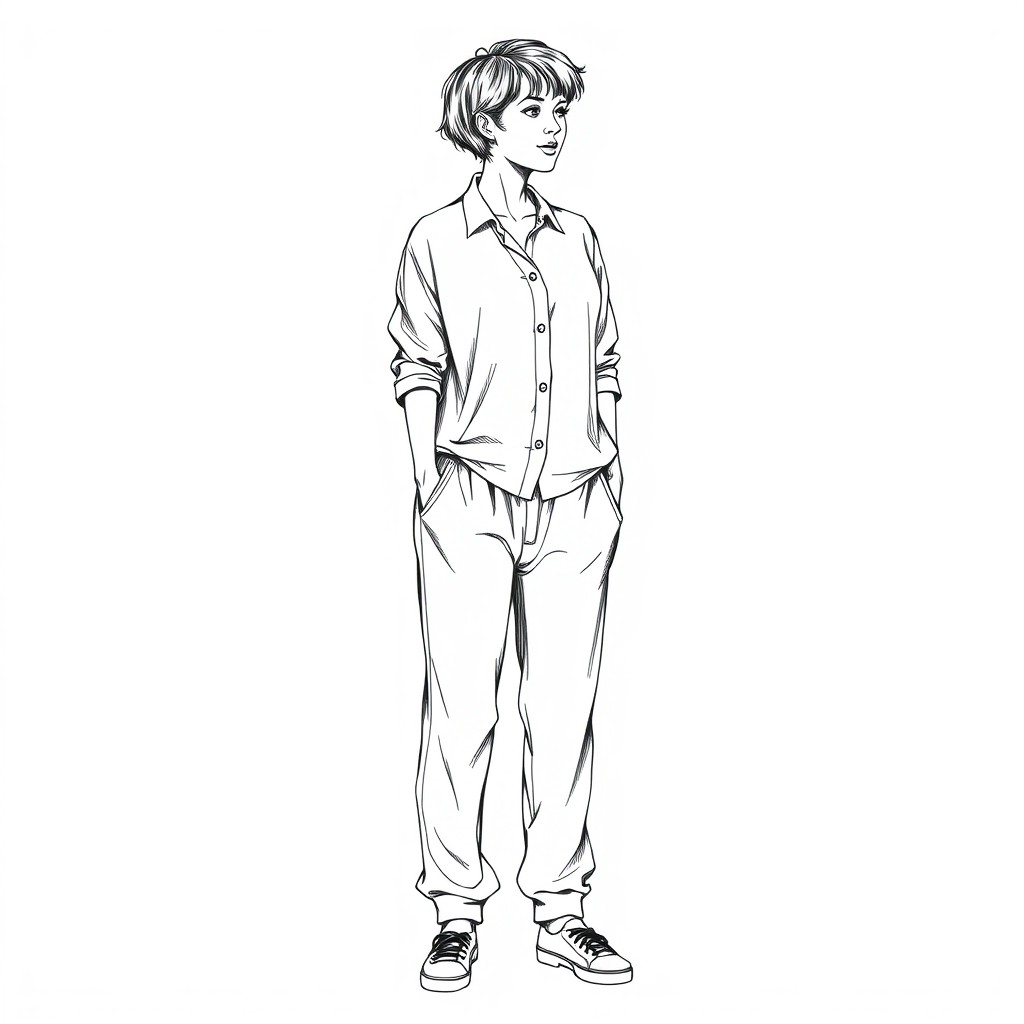 A detailed black-and-white ink drawing of a standing woman in a neutral pose, facing slightly to the left