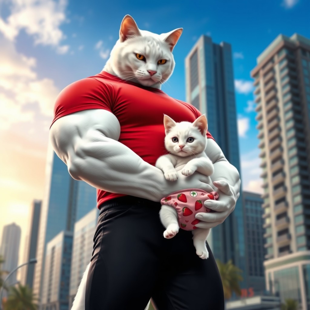 A strong anthropomorphic white cat with a muscular human-like body, wearing a tight red T-shirt and black athletic pants, stands in an urban city setting