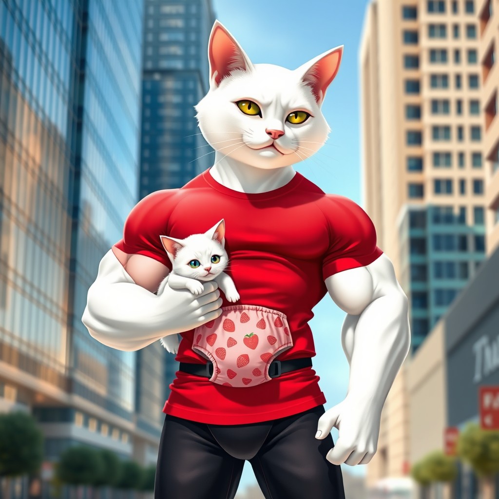 A strong anthropomorphic white cat with a muscular human-like body, wearing a tight red T-shirt and black athletic pants, standing confidently in an urban city setting