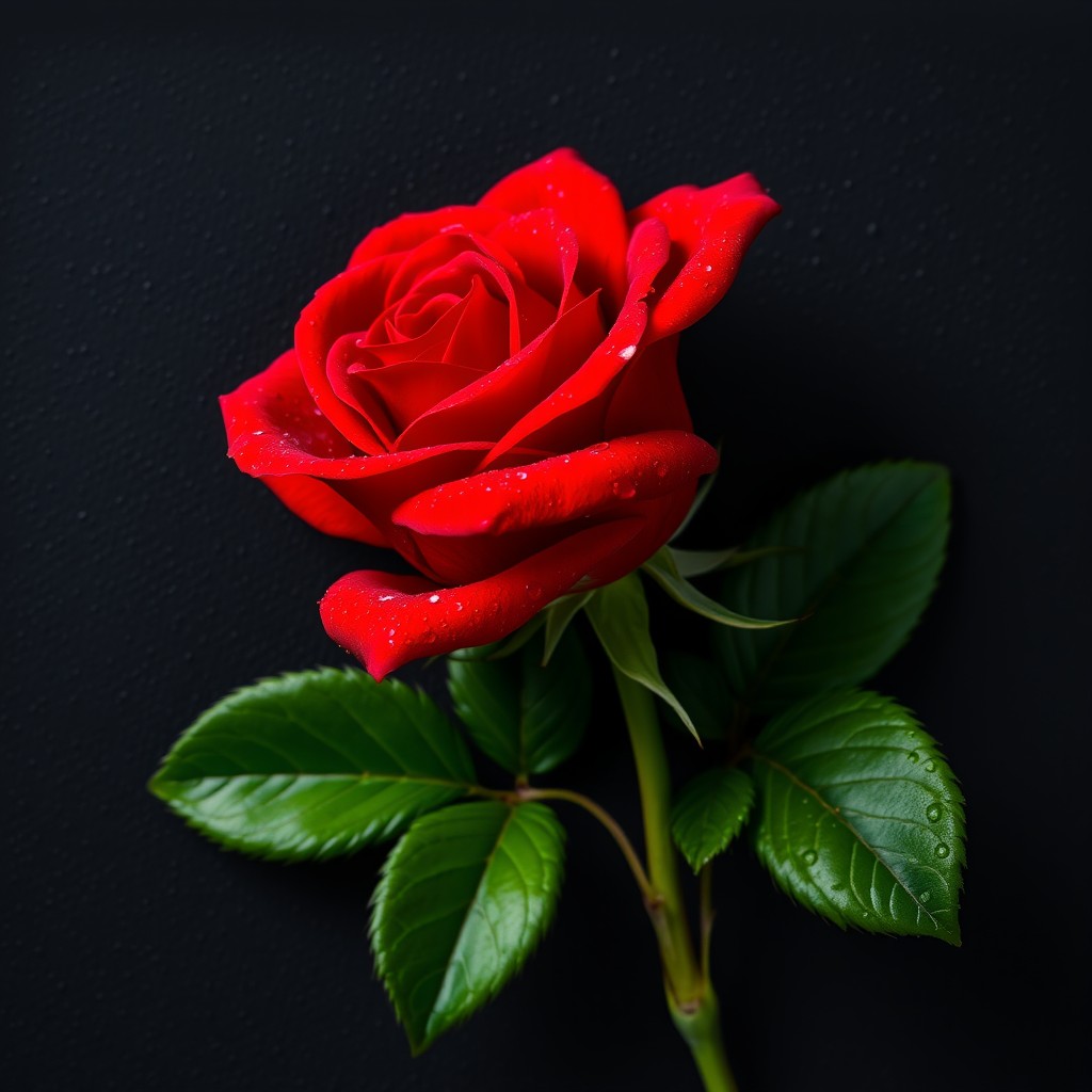A single, vibrant red rose with dew drops on the petals, surrounded by bright green leaves