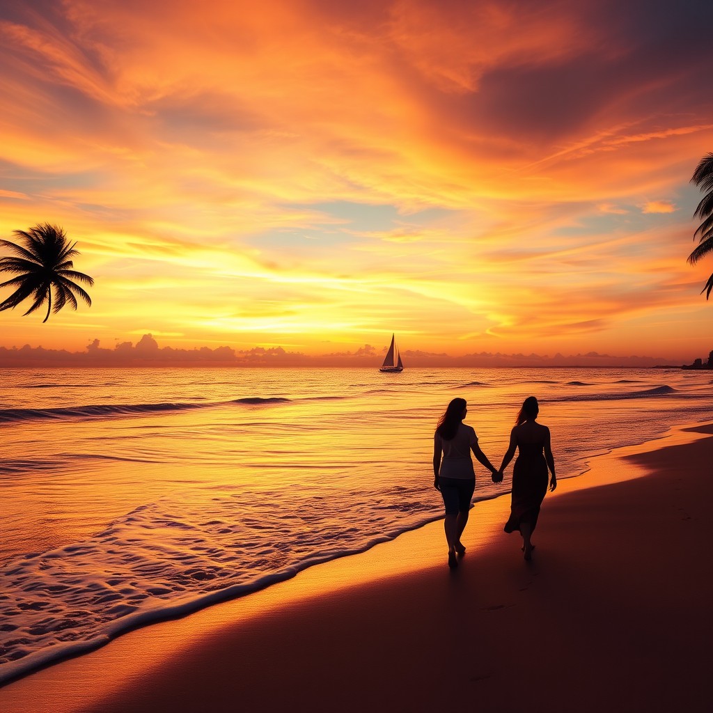 A mesmerizing sunset over a tranquil beach, with soft waves gently lapping at the shore