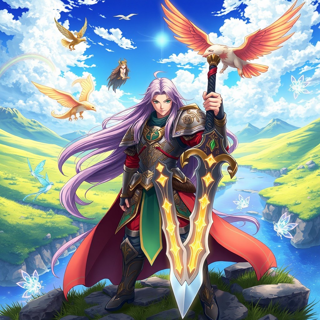 A vibrant fantasy anime style image featuring a mythical landscape with lush green hills, a sparkling blue river, and a bright sky filled with fluffy clouds