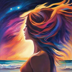 Craft a captivating drawing of a side-profile woman with hair as bright as flames, situated on a beach at sunset, with the spectacle of colliding galaxies painting the sky.