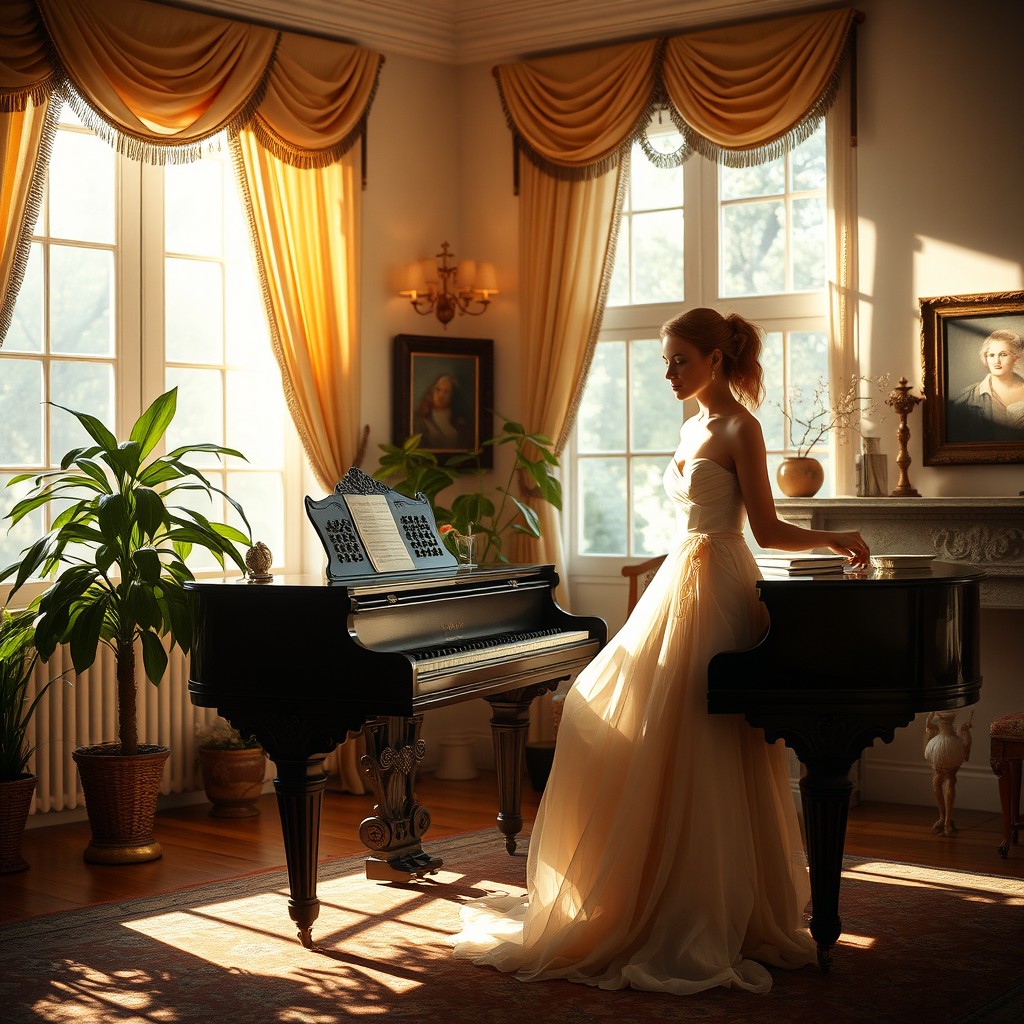 A serene scene featuring a graceful woman tuning a vintage piano in a sunlit, elegantly decorated room