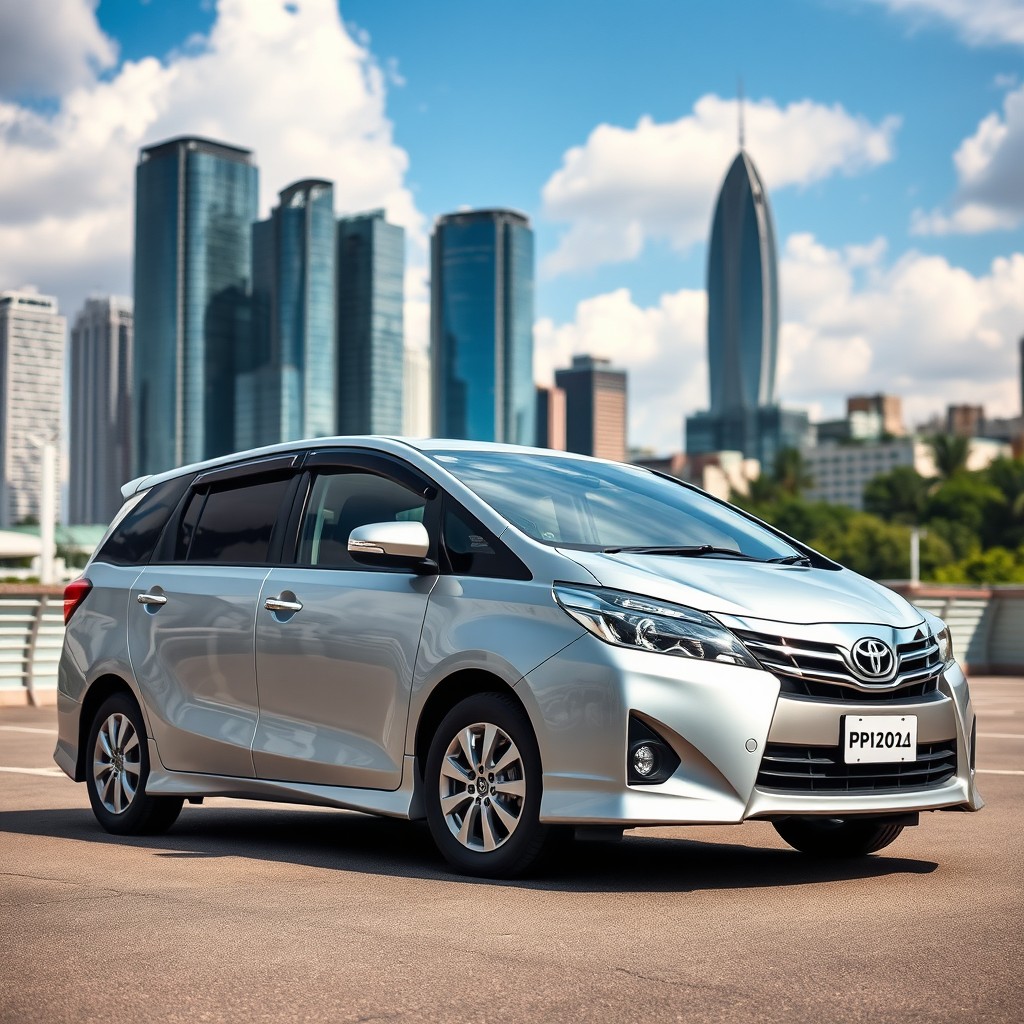 A striking silver Toyota Premio parked in a picturesque urban setting, showcasing its sleek design and modern features