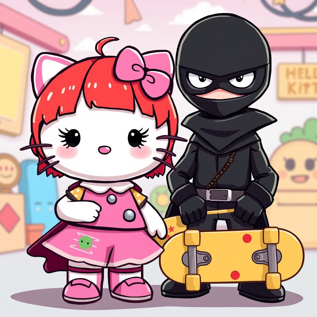 A whimsical scene featuring a Hello Kitty character with vibrant red hair styled in bangs, dressed in super cute and colorful clothes, adorned with long, fluttery eyelashes