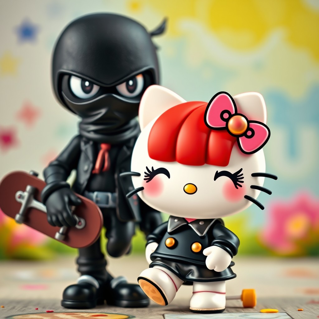 A whimsical scene featuring a vibrant Hello Kitty character with bright red hair and stylish bangs, adorned in charmingly cute clothes and long, fluttery eyelashes