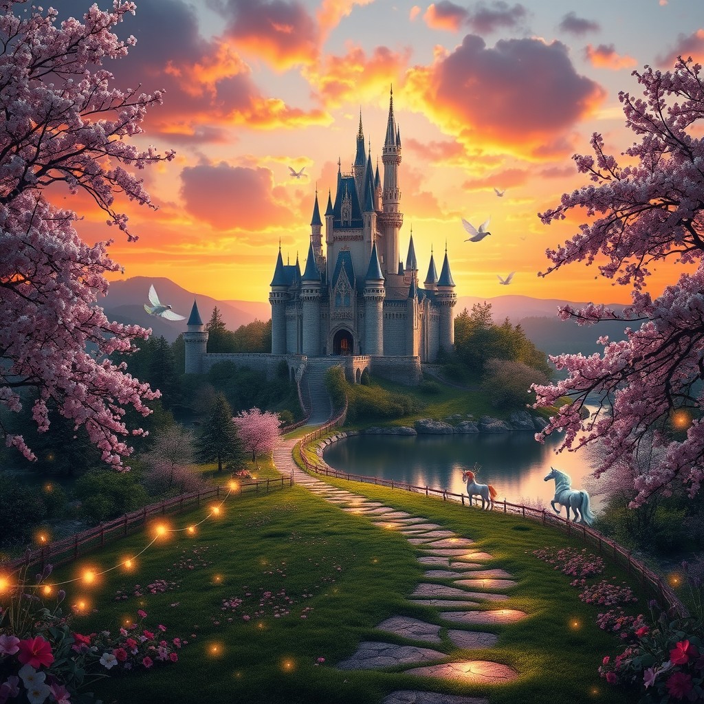An enchanting fantasy landscape featuring a majestic castle surrounded by lush forests and a shimmering lake