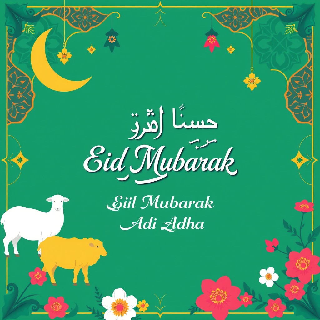 A festive greeting card design for Eid al-Adha, featuring beautiful Islamic patterns and vibrant colors
