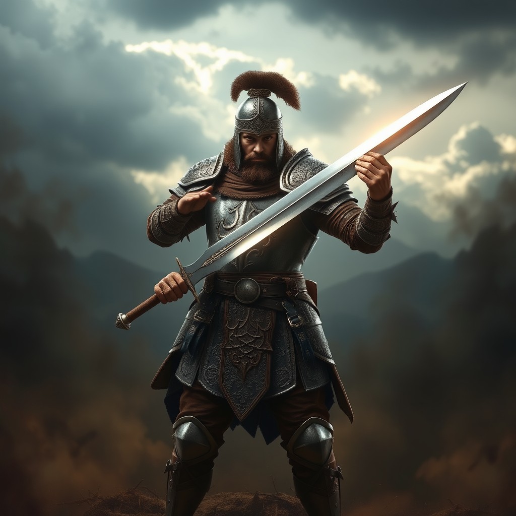A powerful warrior standing confidently in a dynamic pose, wielding a gleaming sword and wearing an ornate helmet