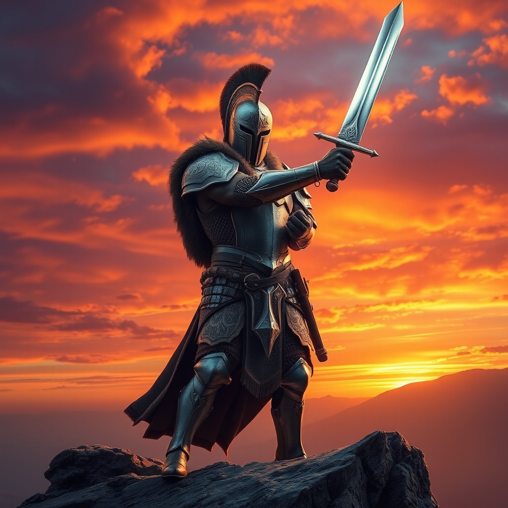 A fierce warrior in a shining helmet, wielding a sword with confidence