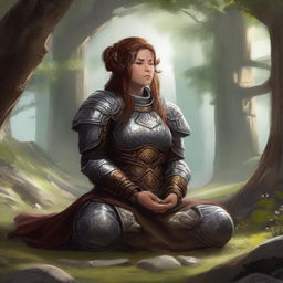 dwarven female kineticist meditates wearing her heavy armor while nature's energy surrounds her