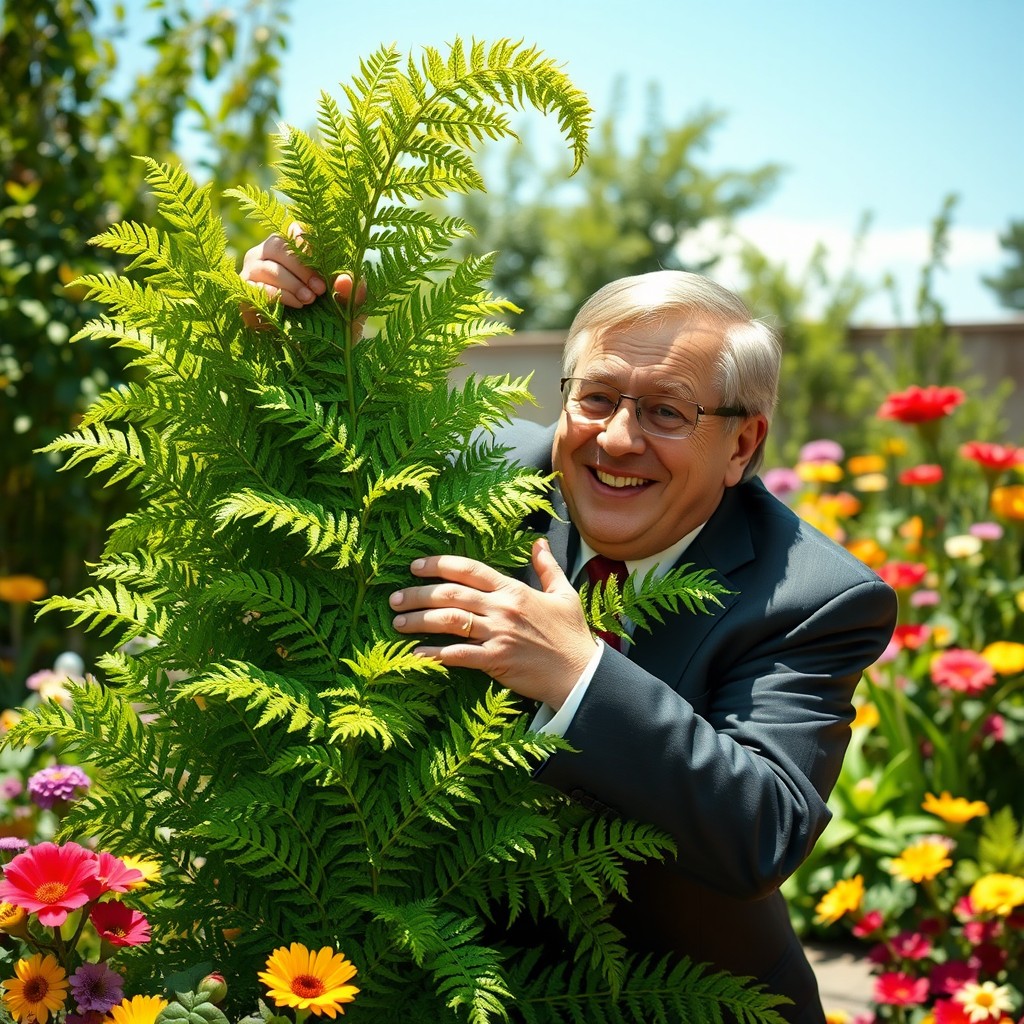 A humorous scene featuring a man resembling a politician with a playful expression, playfully engaged in an absurd act of interacting with a lush green fern in a whimsical garden setting