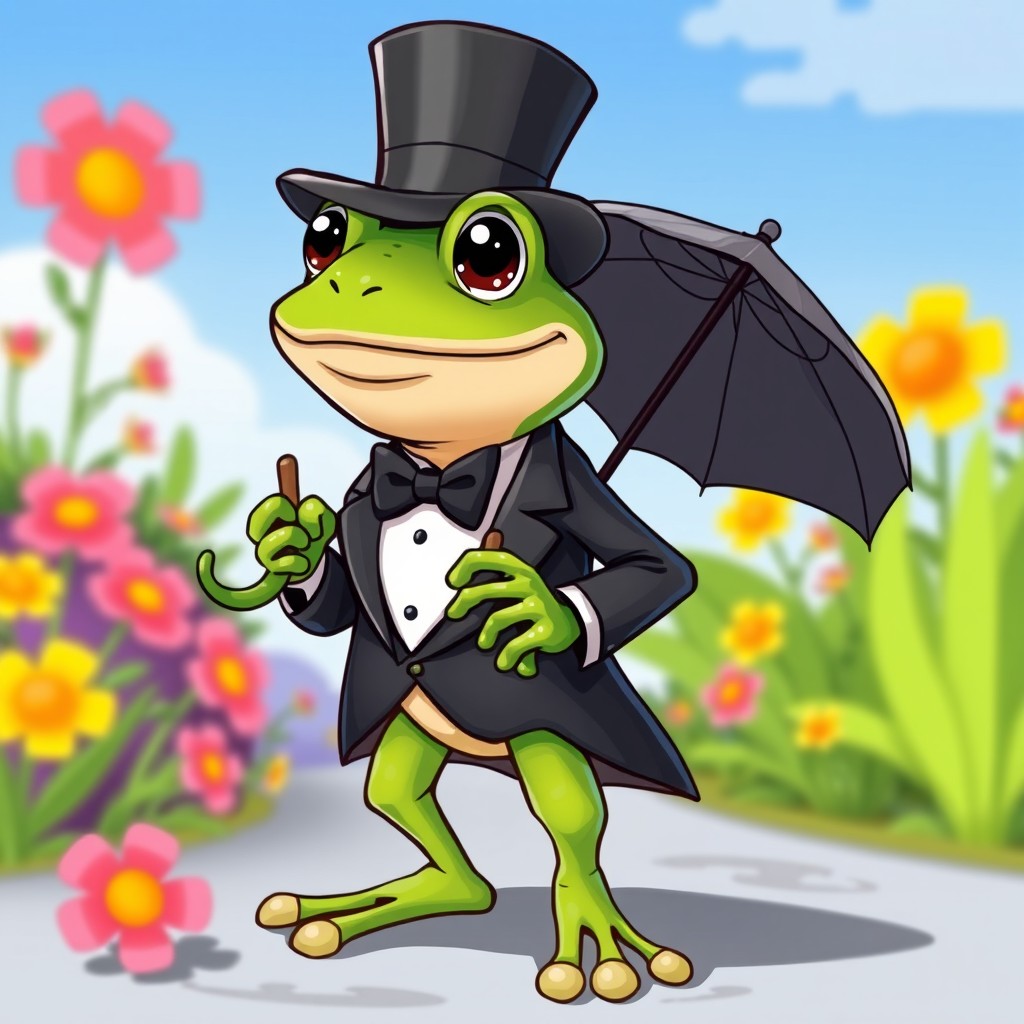 A cartoon-style illustration of a frog dressed elegantly, complete with a top hat and holding an umbrella for defense