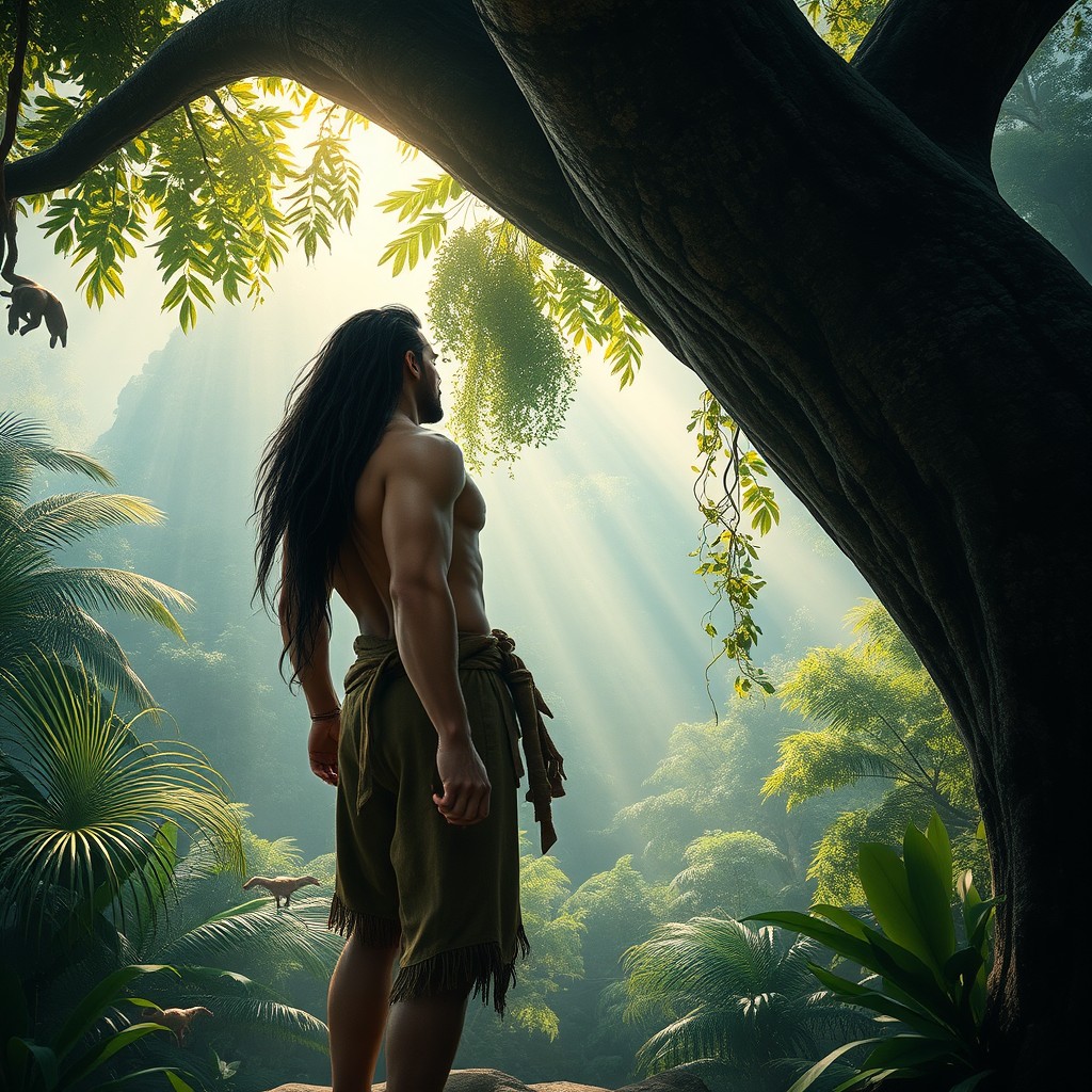A stunning wallpaper for a new video game inspired by the character Tarzan, featuring a tall, muscular man with long hair gazing out over a lush jungle from a large, majestic tree