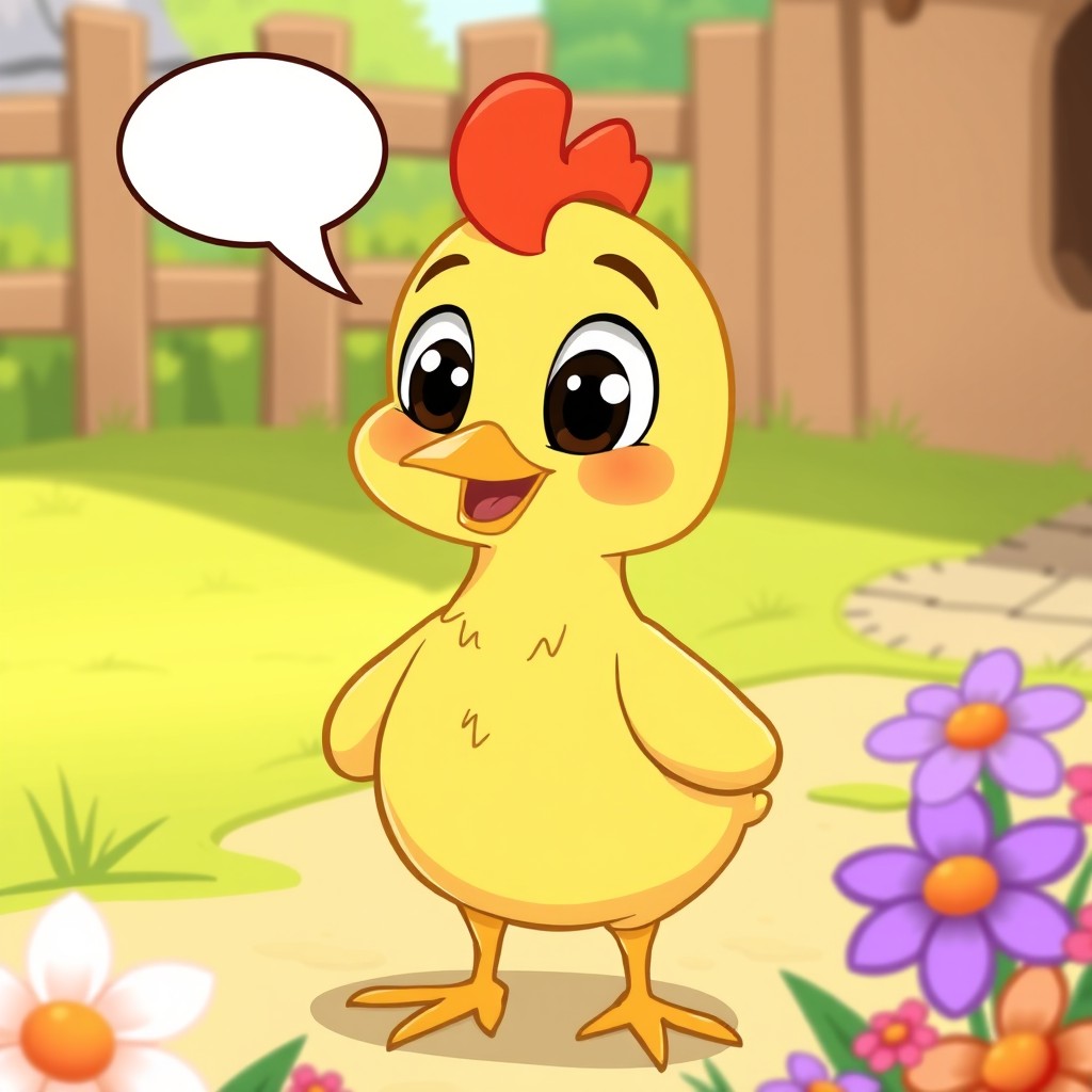 A cartoon-style illustration of a talking chicken