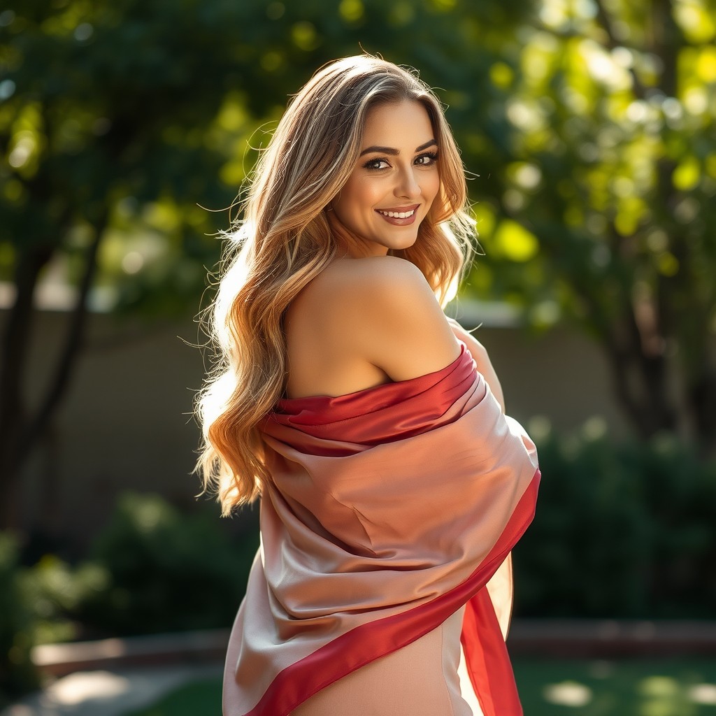 A beautiful woman standing confidently, wrapped in a flowing silk scarf that elegantly drapes around her body, embracing her natural beauty