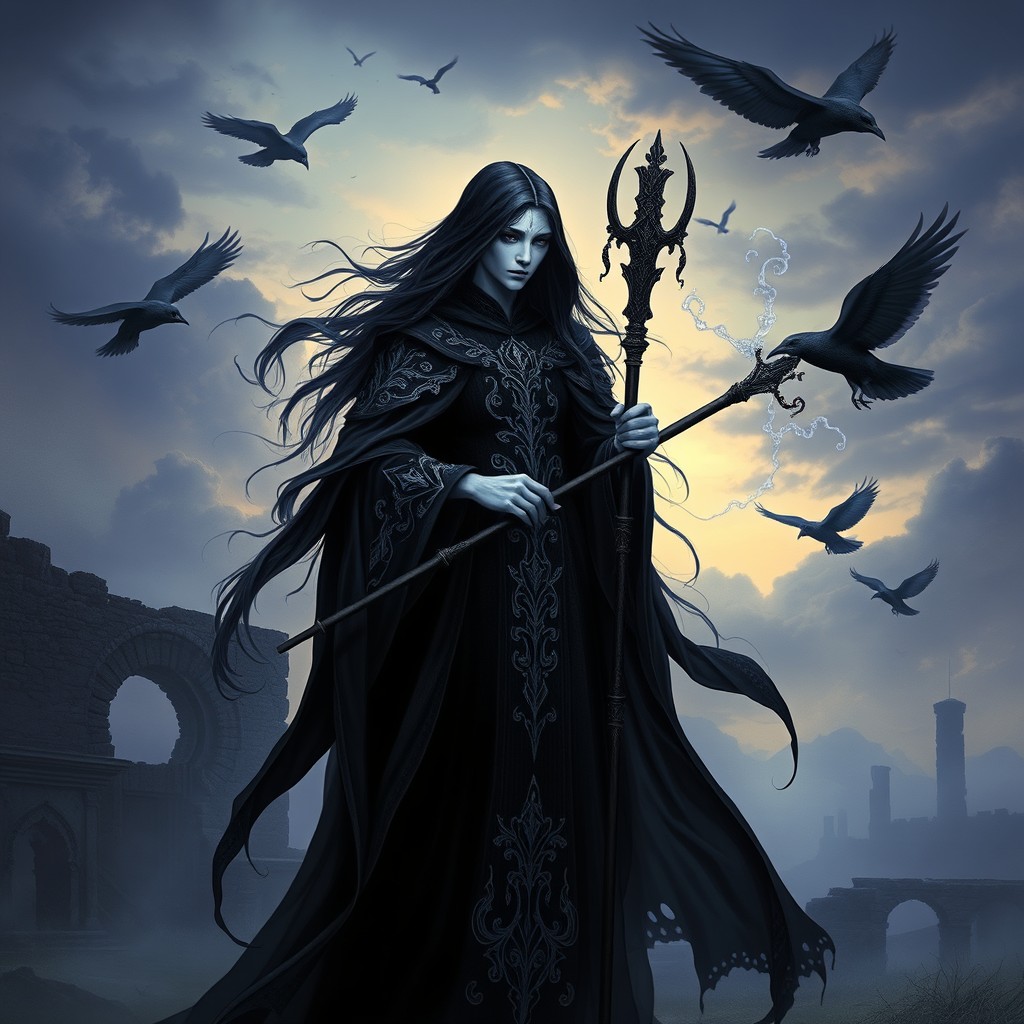 A Shadar-Kai warlock devoted to the Raven Queen, standing in a misty, ethereal landscape