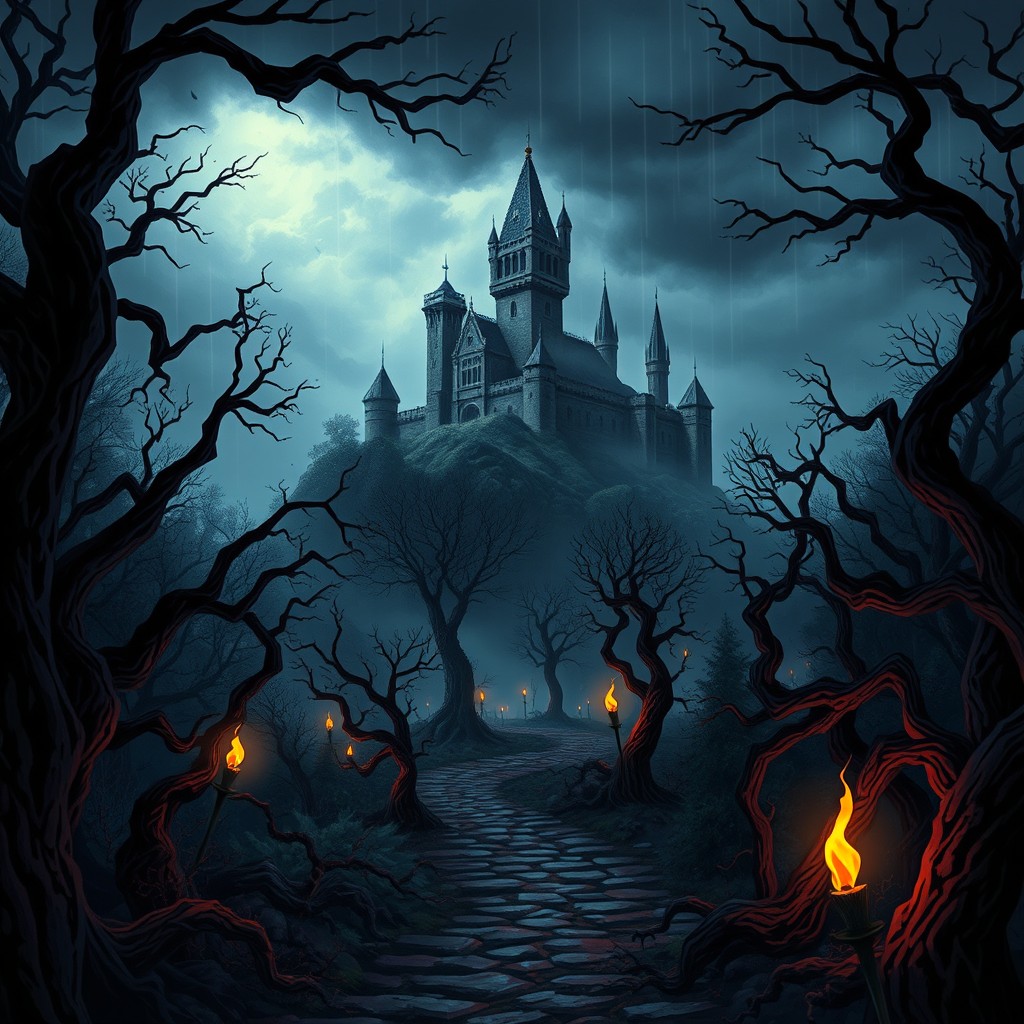 A richly detailed dark fantasy medieval background for a 2D game, featuring a foreboding castle looming on a misty hill, surrounded by dense, twisted forests under a stormy sky