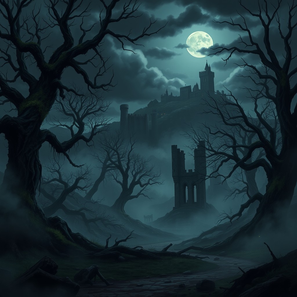 A dark and atmospheric medieval fantasy landscape for a 2D game, featuring a sprawling, eerie forest filled with twisted trees and dense fog