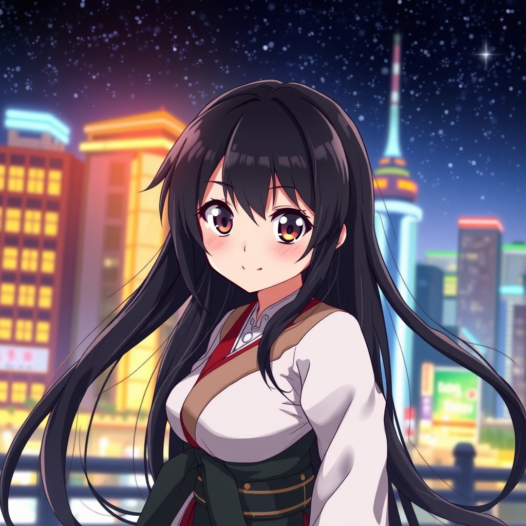 An Asian anime character with long flowing black hair, large expressive eyes, and a finely detailed outfit