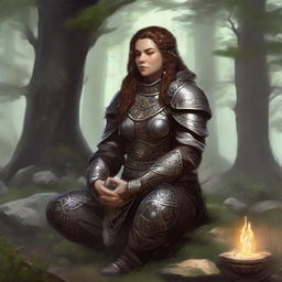 dwarven female kineticist meditates wearing her heavy armor while nature's energy surrounds her