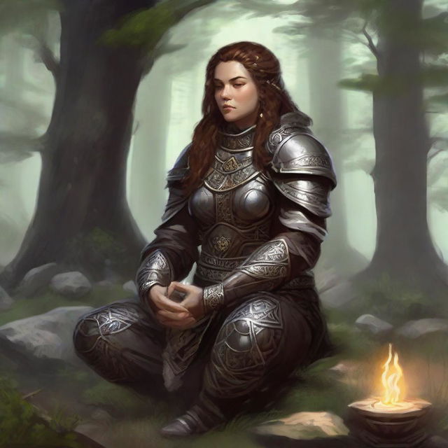 dwarven female kineticist meditates wearing her heavy armor while nature's energy surrounds her