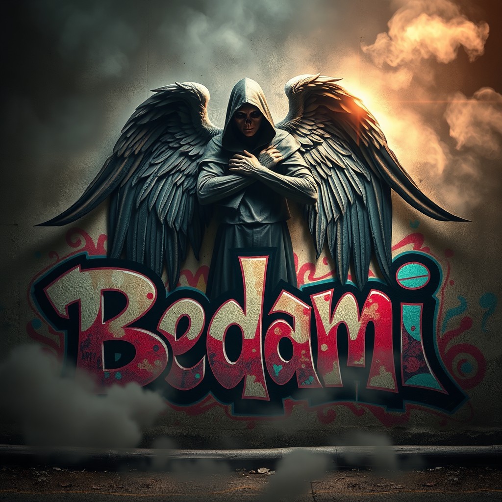 A powerful and mysterious Angel of Death stands confidently behind a vibrant graffiti inscription reading "Bedami"