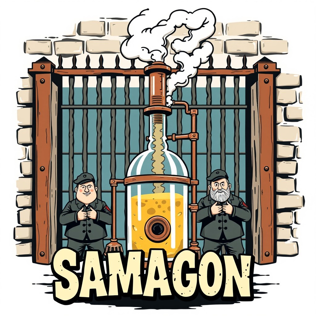 A playful prison-themed samagon label design featuring an illustration of prison gates in the background, symbolizing confinement paired with the essence of homemade spirits