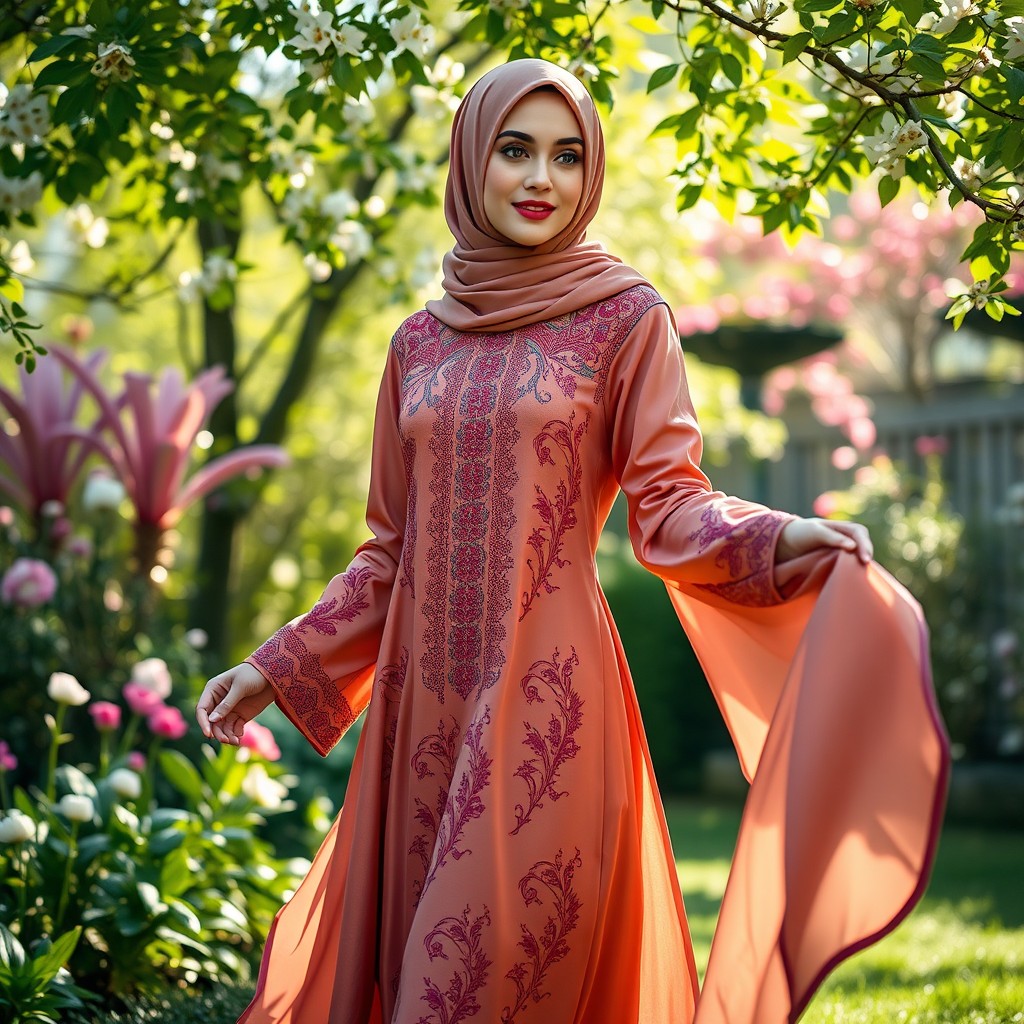 A graceful woman wearing a beautifully embroidered jilbab, showcasing intricate designs and rich colors