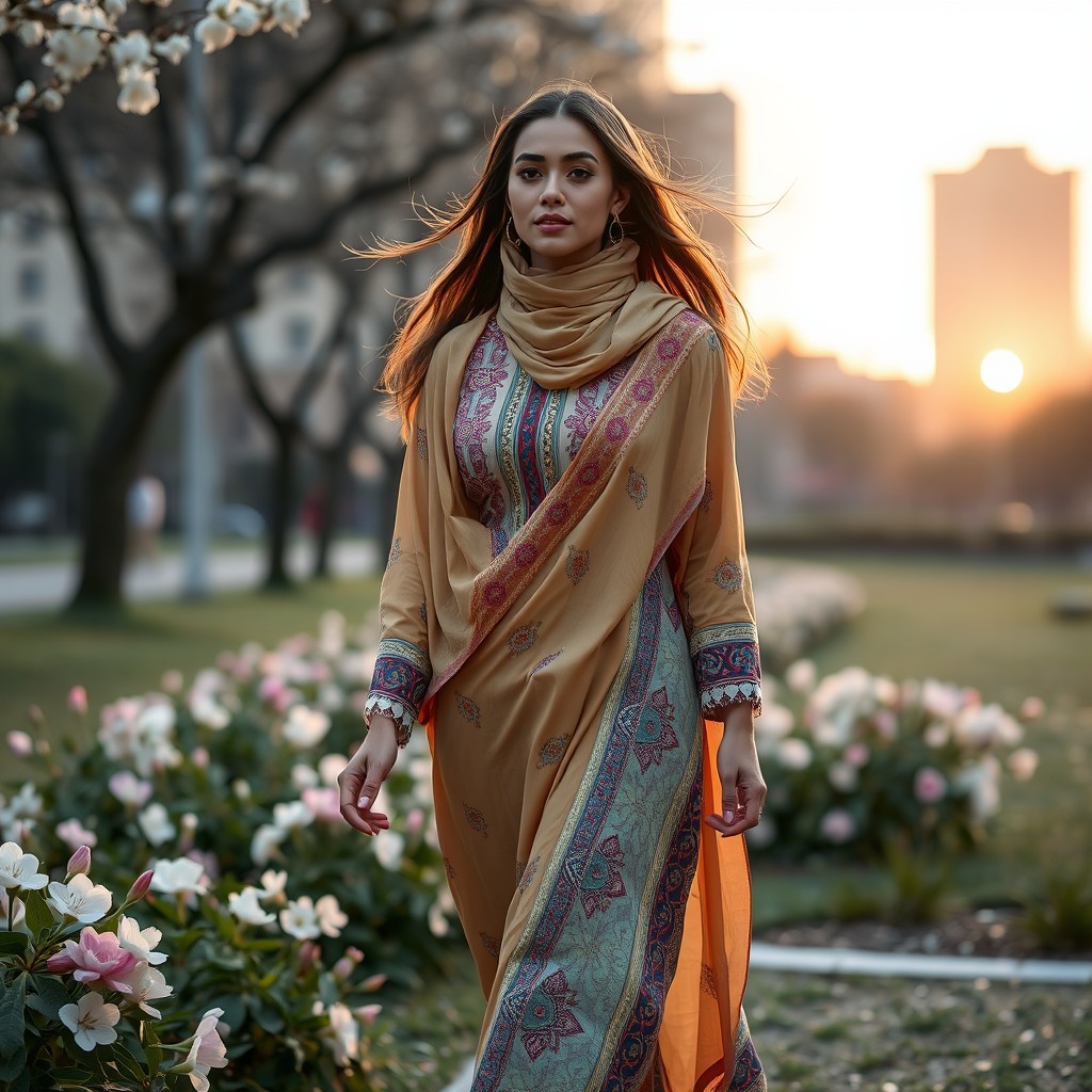 A beautiful woman wearing a styled jilbab, which is a traditional garment that covers the body, elegantly draping down to the ground