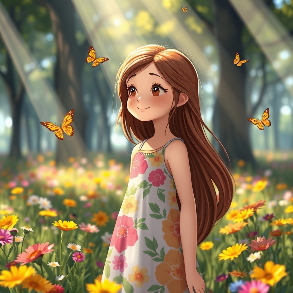 A young female character with long flowing brown hair, standing in a sunlit forest clearing