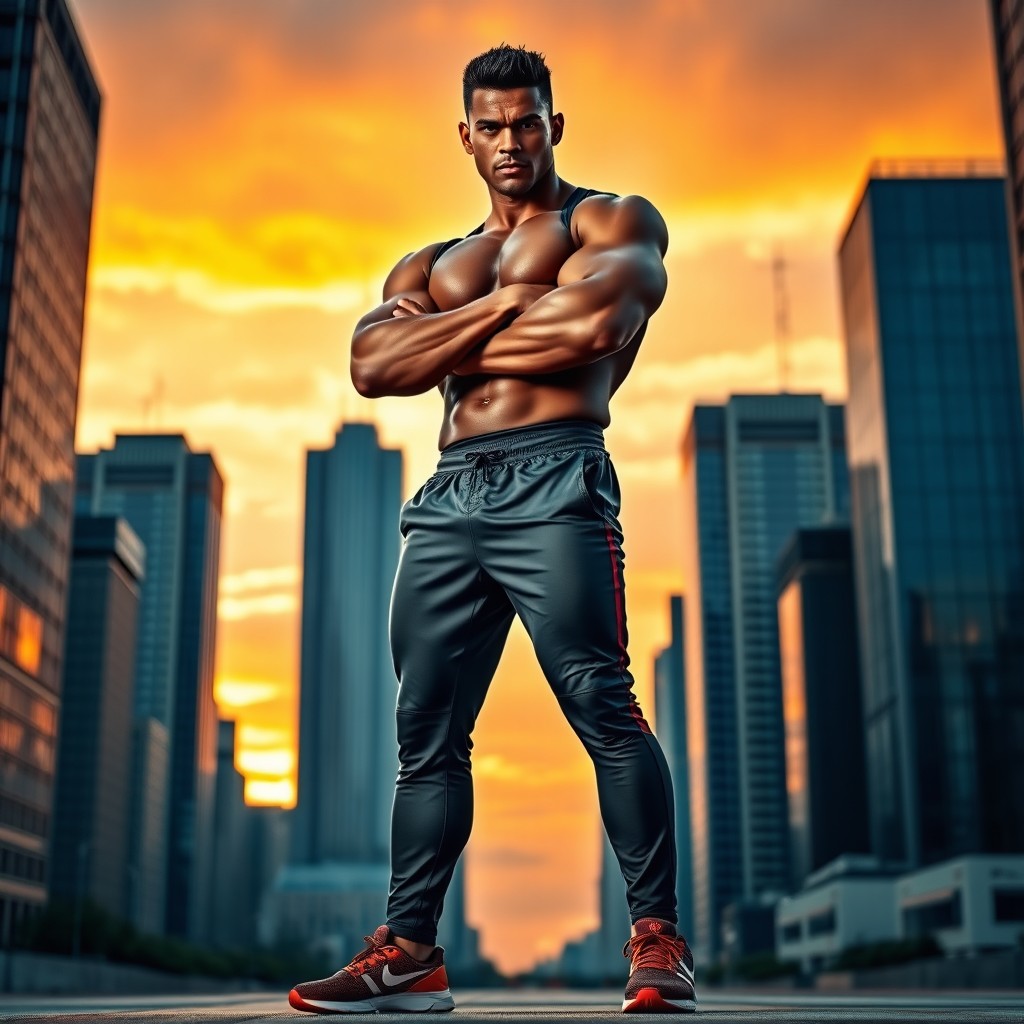 A powerful and confident person standing tall in a commanding stance, dressed in sleek, modern athletic apparel that showcases their physique