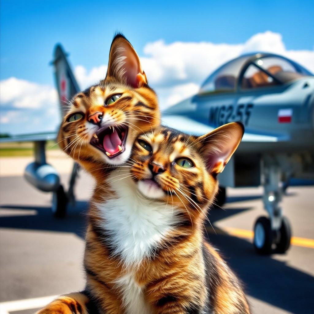 A cheerful tortoiseshell cat with a shiny coat is playfully posing for a photograph, it has a bright smile on its face