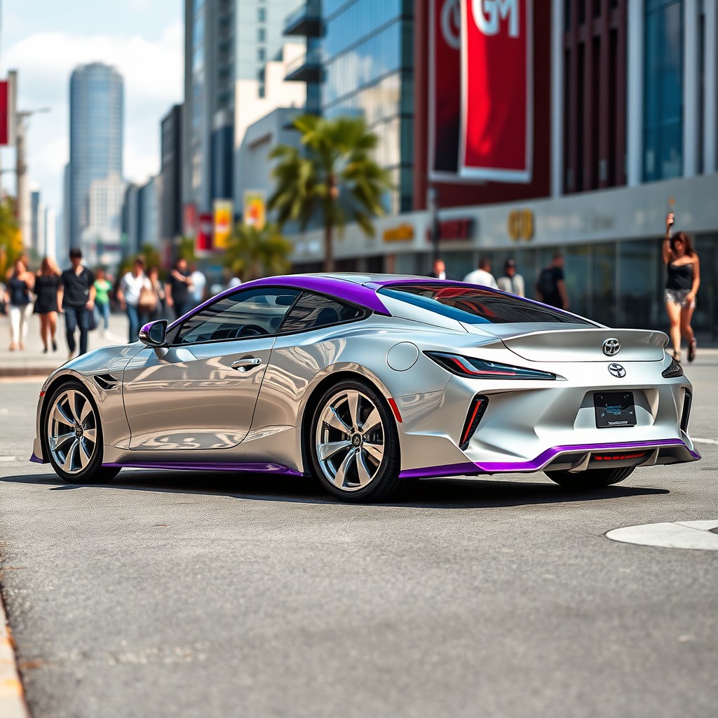 A stunning Toyota Celica T23 featuring a unique color design of silver and violet