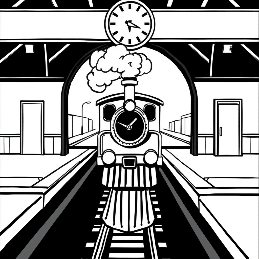 A small freight steam train entering an empty station, with a clock showing 10:30