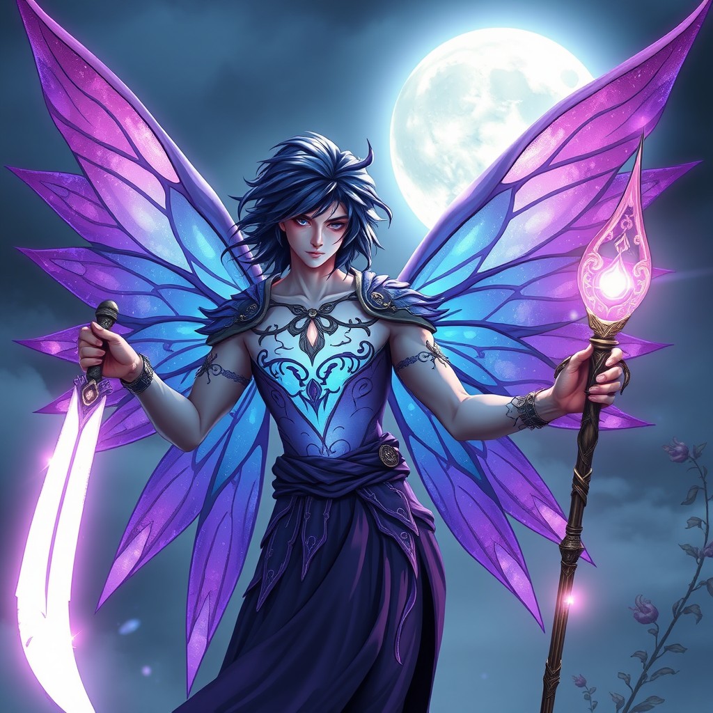 A mystical male fairy with twilight wings, elegantly designed with gradients of purple and blue hues, holding a radiant sun blade in one hand and a luminous light staff in the other
