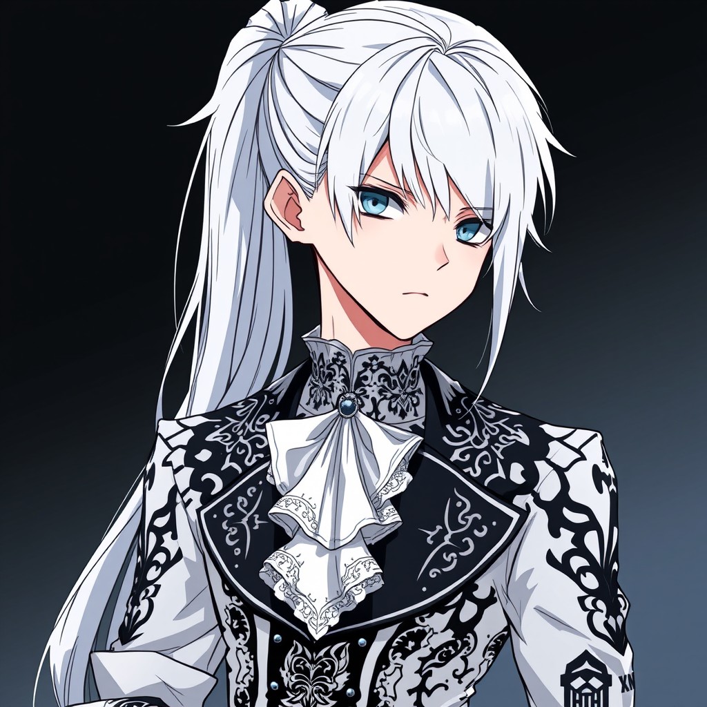 A character in anime style, featuring a young male with long white hair tied into a ponytail