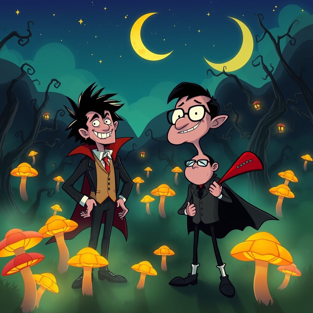 A dark and whimsical scene inspired by the animation style of Gravity Falls, featuring humorous and quirky vampire characters