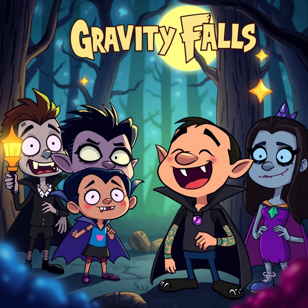 An animated scene in the style of 'Gravity Falls', featuring quirky vampire characters with unique and interesting designs