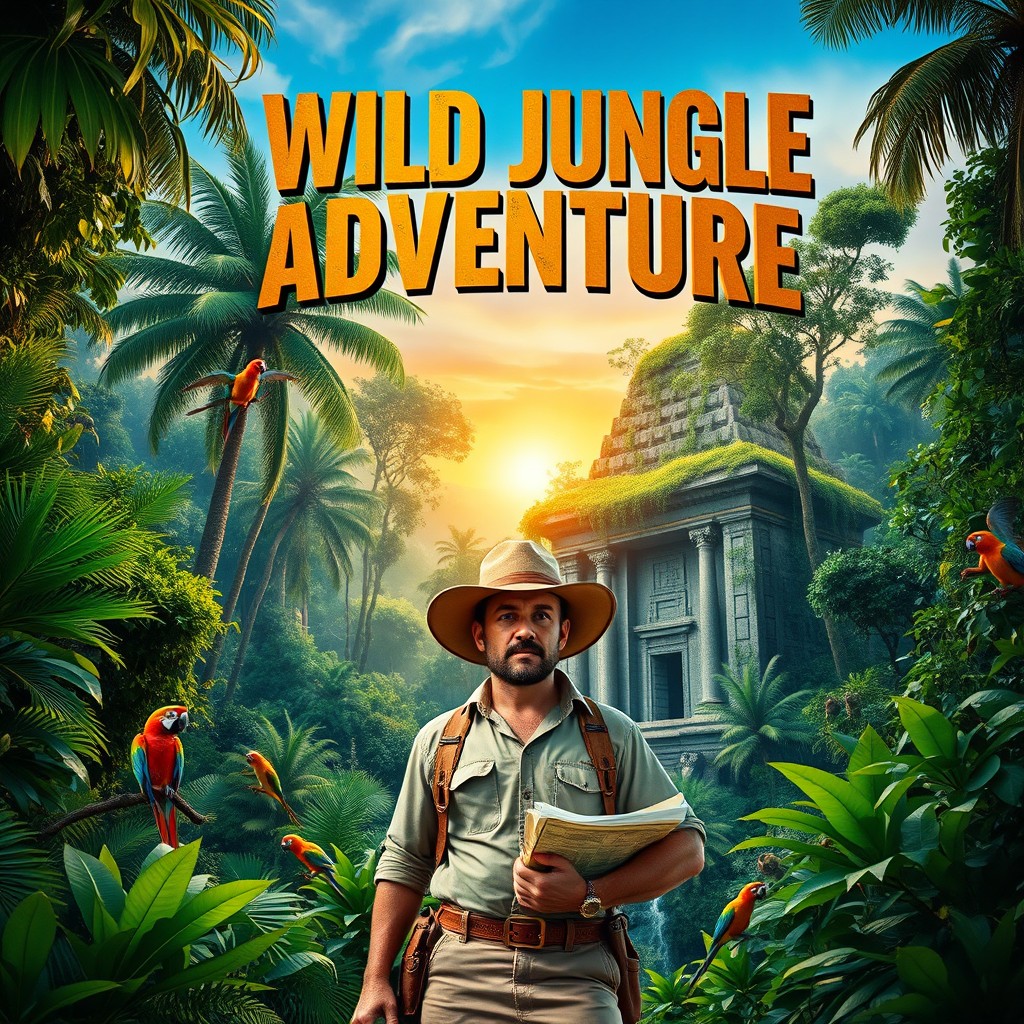 A thrilling movie poster for a Wild Jungle Adventure, featuring a lush, dense jungle filled with vibrant tropical foliage, towering trees, and exotic wildlife like colorful parrots and leaping monkeys